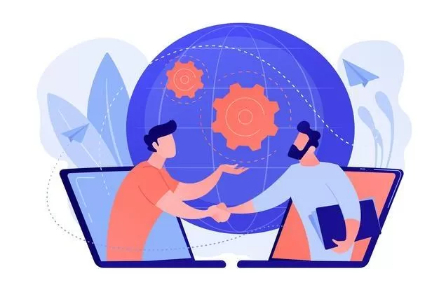 businessmen shaking hands through laptop screens as online business conference meeting 335657 4405